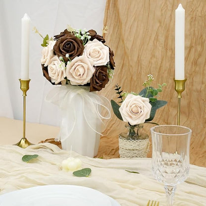 Artificial Flowers, 50pcs Brown and Tan Artificial Flower for DIY Wedding Bouquets Centerpieces Arrangements, Artificial Rose with Stem for Party Home Decorations