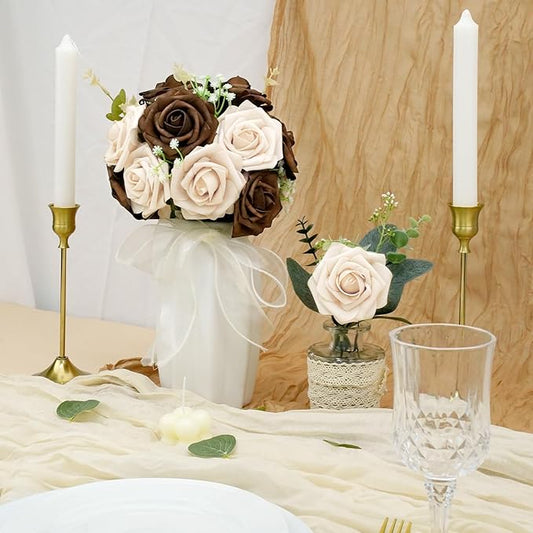 Artificial Flowers, 50pcs Brown and Tan Artificial Flower for DIY Wedding Bouquets Centerpieces Arrangements, Artificial Rose with Stem for Party Home Decorations