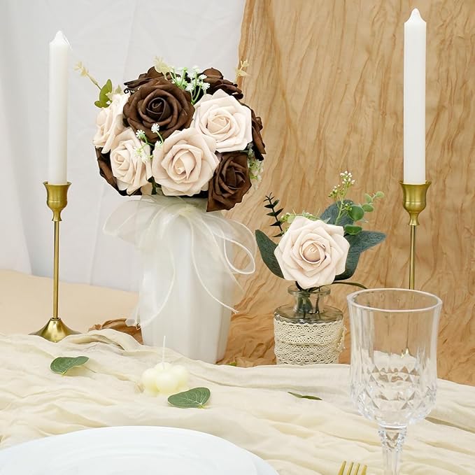 Artificial Flowers, 100pcs Brown and Tan Artificial Flower for DIY Wedding Bouquets Centerpieces Arrangements, Artificial Rose with Stem for Party Home Decorations