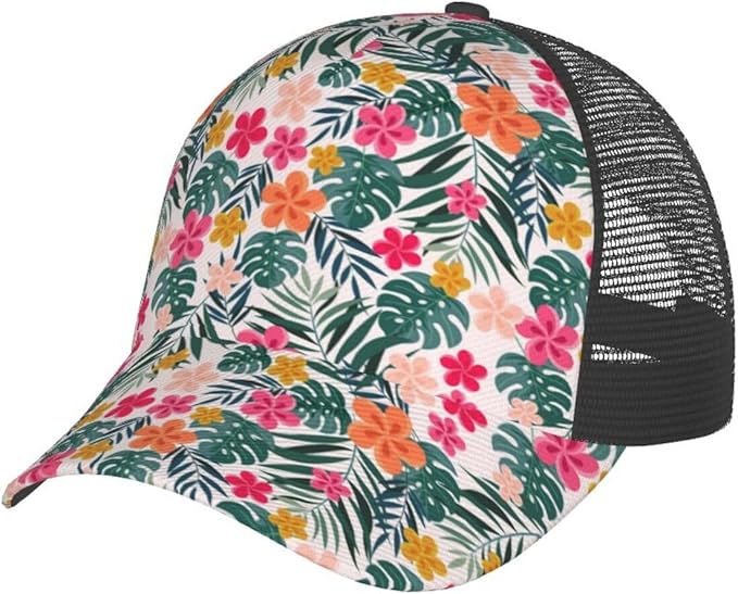 Tropical Pink Flowers Hats Women Men Hawaii Trucker Hat Adjustable Snapback Mesh Baseball Cap Hat