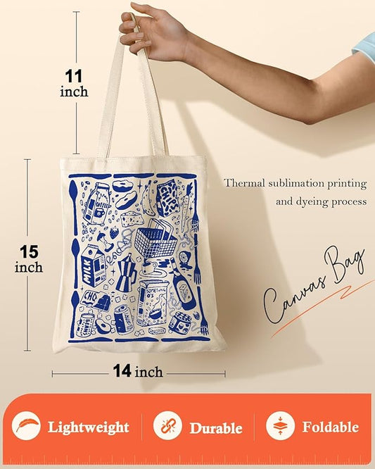 Aesthetic Canvas Tote Bag with Pattern for Women, Funny Groovy Blue Doodle Western Food Art Style Design, Casual Cloth Cotton Totes Bag for Vacation, Shopping, Grocery, Gym