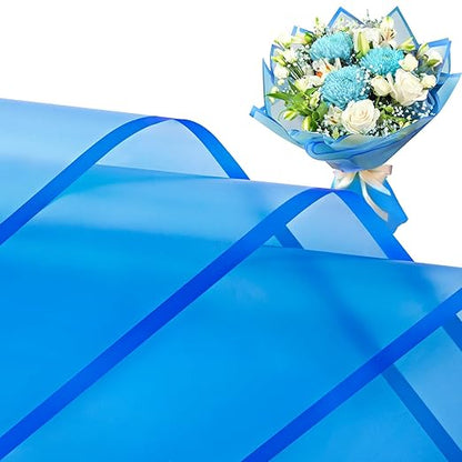20 Sheets Blue Flower Wrapping Paper, Waterproof Floral Wrap Blue Edge Bouquet Wrapping Paper Florist Supplies (22.8 x 22.8 inch)