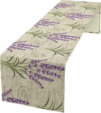 Floral Lavender Table Runner,Vintage Rustic Country Romantic Purple Flower Pattern Print Burlap for Hotel Indoors Outdoor Dining Room Kitchen Home Decor, 13x90in