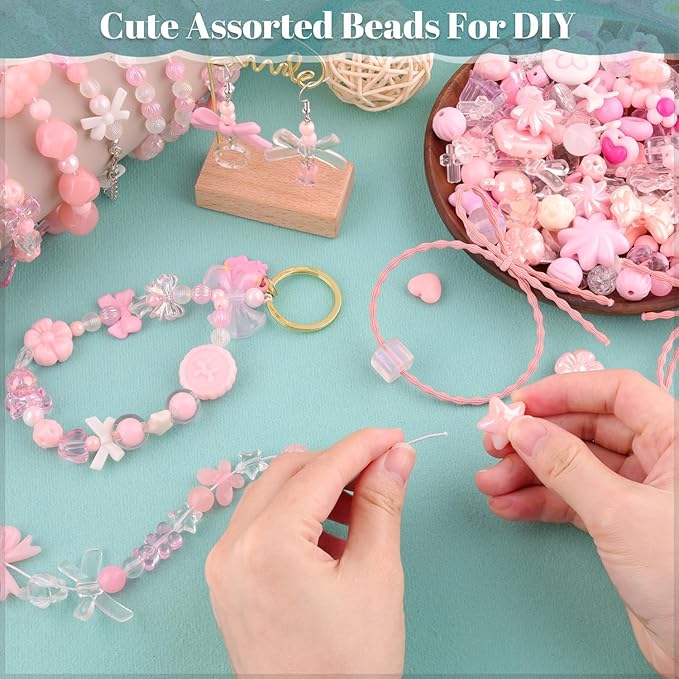 Assorted 200-260PCS Pink Acrylic Beads for Bracelet Making, Flower Bow Candy GummyBear Bracelet Charms,Cute Beads for Jewelry Making DIY Necklace Keychain Phone Charm Christmas Gift