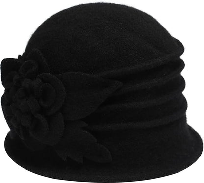 ZLYC Women Wool Cloche Bucket Hat 1920s Vintage Dress Winter Hats with Flower Accent