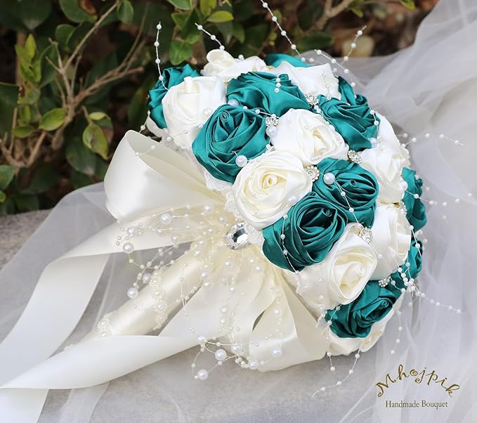 Bridal Wedding Bouquet Round Bling Brooch Bouquet Throw Toss Artificial Rose Flower Bunch for Bride Bridesmaid Wedding Quinceanera(Dark Green & Ivory, 9.8")