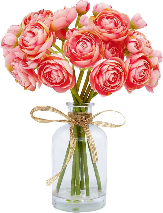 Ranunculus Artificial Flowers with Vase, 8 Pcs Faux Silk Ranunculus Flower in Vase, Small Flower Arrangements for Home Decor Indoor, Table Centerpiece. (Coral)