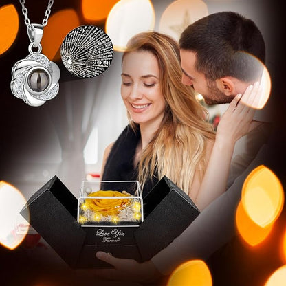Preserved Yellow Real Rose-Eternal Flowers Rose Gifts for Mom Grandma Wife Girlfriend on Mothers Day Birthday Valentines Christmas Anniversary Romantic Gifts for Her with I Love You Necklace