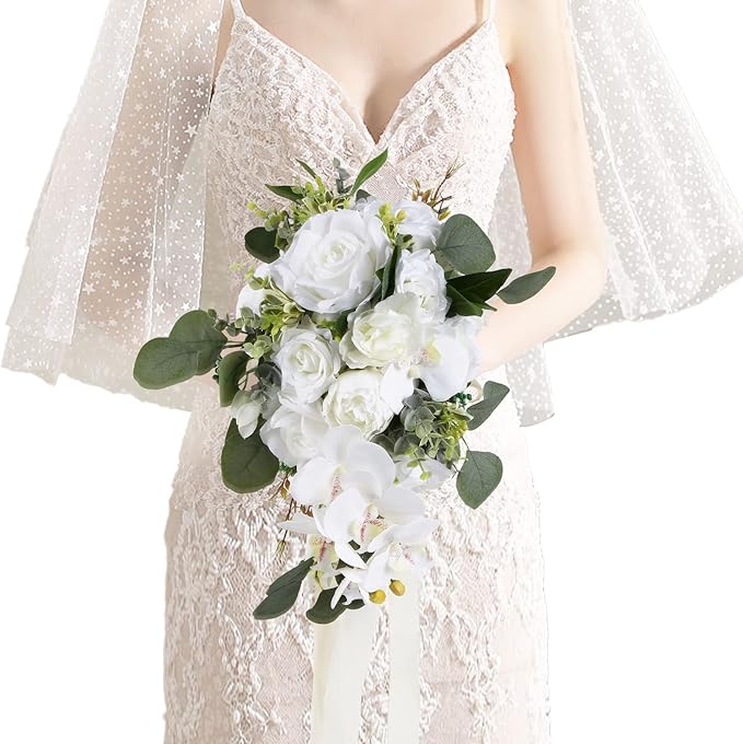 Artificial Bridal Bouquet, 11 Inch White Artificial Wedding Bouquets for Bride Bridal Bouquet Bridesmaid Bouquet Tossing Bouquet for Wedding Ceremony and Anniversary(White)
