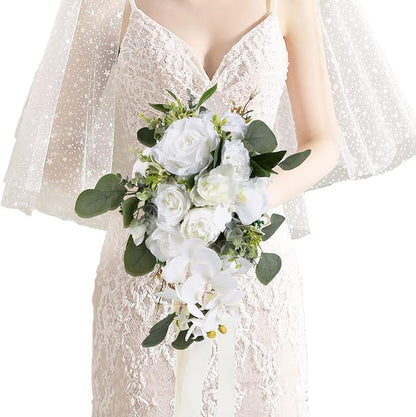 Artificial Bridal Bouquet, 11 Inch White Artificial Wedding Bouquets for Bride Bridal Bouquet Bridesmaid Bouquet Tossing Bouquet for Wedding Ceremony and Anniversary(White)