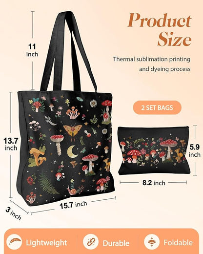 2 Pack Canvas Tote Bag - with Makeup Pouch Aesthetic Cute Women Reusable Canvas Bag for Shopping, Work, Travel
