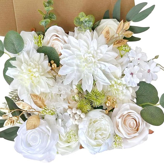 Ivory White Artificial Flowers Combo Box Set Silk Dahlia Roses Gold Leaves Stems DIY Bridal Wedding Bouquets Cake Boho Fake Floral Arrangements Baby Shower Party Table Centerpieces Home Decor Bulks