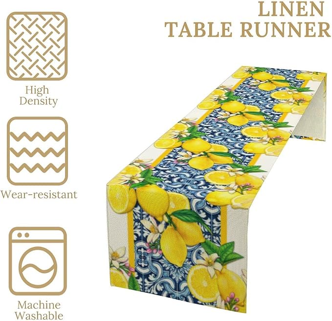 Lemon Table Runner ,Summer Blue Tiles Lemons Kitchen Dining Table Decoration Lemons Table Cover for Indoor Outdoor Home Party Decor, 13 x120 Inch