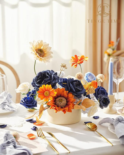 TINGE TIME Artificial Flowers Burnt Orange & Navy Blue Flower Combo for DIY Wedding Bouquets Table Centerpieces Arrangements Party Baby Shower Home Fall Decorations