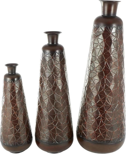 Deco 79 Metal Decorative Vase Tall Teardrop Shaped Centerpiece Vases with Hammered Texture, Set of 3 Vases for Home Decoration 53", 43", 32" H, Dark Brown