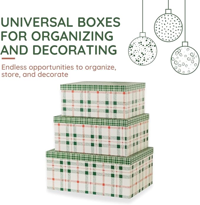Soul & Lane Plaid Christmas Gift Box - Set of 3: Holiday Decor Storage Box, Decorative Photo Storage, Keepsake Boxes with Lids, Nesting Cardboard Containers for Presents, Seasonal Décor Bins