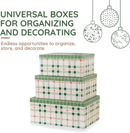 Soul & Lane Plaid Christmas Gift Box - Set of 3: Holiday Decor Storage Box, Decorative Photo Storage, Keepsake Boxes with Lids, Nesting Cardboard Containers for Presents, Seasonal Décor Bins