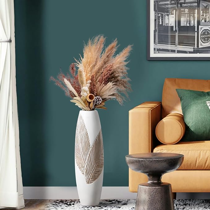 Modern Large Floor Vase White Home Decor Flower Vases 24.8 Inch Tall Resin Vase Tree Leaf Texture Decor Vases for Entryway Living Room Mantel