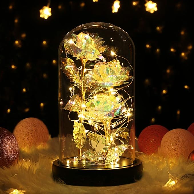 Valentines Gifts for Her,Birthday Gifts for Women,Colorful Flowers Rose in Glass Dome,Galaxy Flowers Rose with 2 Lighted Mode,Rainbow Rose Flower Gifts for Women,Valentines Gifts for Girlfriend