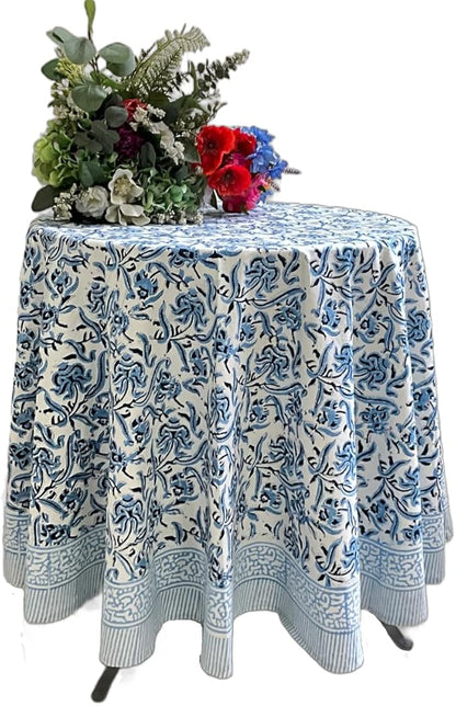 ATOSII Midnight Bloom 100% Cotton Spring Summer Round Tablecloth, Handblock Print Floral Table Cloth for Kitchen Dining Linen I Parties, Weddings, Outdoors, Holidays, Mother's Day I 60" Inches Round