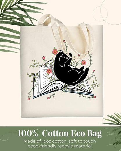 AUSVKAI Cute Book Canvas Tote Bag Aesthetic For Women Grocery Bag Cotton Beach Totes Gift-Black Cat Book