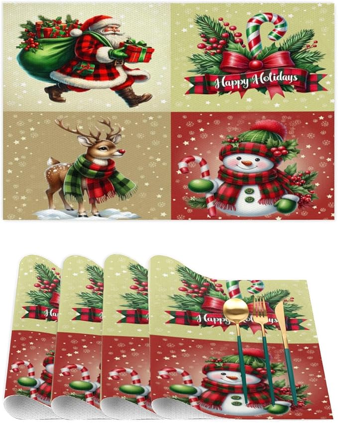 Christmas Waffle Santa Claus Cute Placemats Set of 6 PVC Vinyl Non Slip Table Mats Heat Resistant Place Mats Washable Wipeable Dining Table Mat for Kitchen Decor Party Indoor Outdoor Decorative Gift