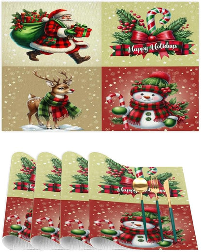 Christmas Waffle Santa Claus Cute Placemats Set of 6 PVC Vinyl Non Slip Table Mats Heat Resistant Place Mats Washable Wipeable Dining Table Mat for Kitchen Decor Party Indoor Outdoor Decorative Gift