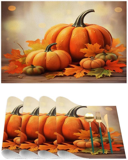 Thanksgiving Fall Pumpkin Placemats Set of 4 PVC Vinyl Non Slip Table Mats Heat Resistant Place Mats Washable Wipeable Dining Table Mat for Kitchen Decor Party Indoor Outdoor Decorative Gift