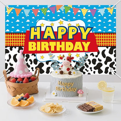 3x5ft Cartoon Cowboy Birthday Backdrop, Happy Birthday Decoration Background, Cute Cartoon Theme Party Supplies Outdoor Indoor Photo Banner