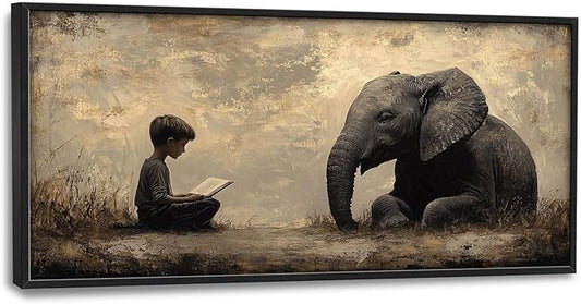 Elephant Large Wall Art Boy Reading Pictures Wall Decor Animal Canvas Elephant Print Painting Modern Artwork Home Decoration for Living Room Bathroom Bedroom Office Framed 60"x30"