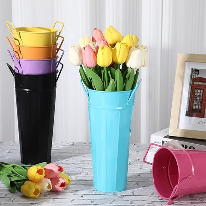 Lallisa 24 Pcs Metal Vases 9 Inch Galvanized French Farmhouse Flower Buckets with Handles and Hemp Rope, Vintage Style Flower Containers for Country Wedding Party Table Centerpiece Decor (Colorful)