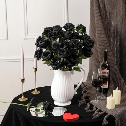 Nubry 24pcs Artificial Silk Roses Bulk,Fake Roses Flower with Stems Realistic Flowers for Wedding Centerpiece Home Party Decor(Black)