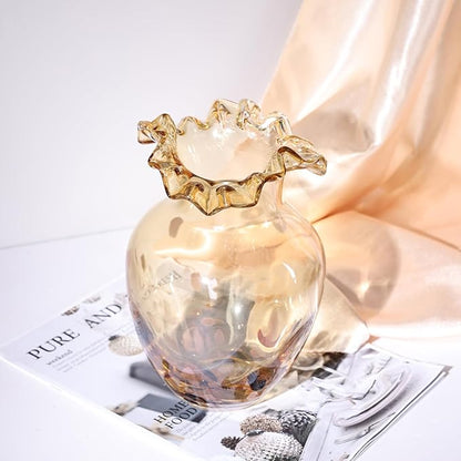 Hand Blown Amber Glass vase, Unique Glass Wide Mouth vase for Console Office TV Stand Coffee Table entryway Entrance Desktop Living Room Dining Table Centerpiece.