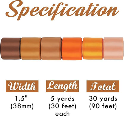HUIHUANG Orange Ribbon 1-1/2" Burnt Orange/Terracotta/Torrid Orange/Tangerine/Peach/Brown Satin Ribbons for Fall Wedding Flower Bouquet Hair Bows Gift Wrap and Crafts- 6 Rolls, Total 30 Yards