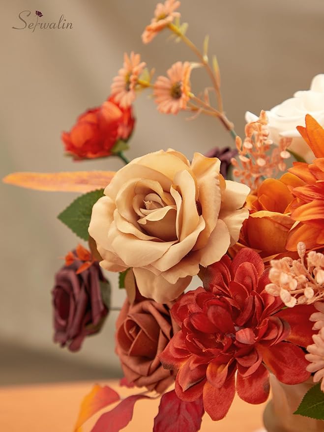 Serwalin Fall Flowers Artificial Flowers Burnt Orange Fake Cake Flowers for DIY Wedding Bridal Bouquet Centerpieces Floral Arrangement Fall Decor Baby Shower Home Decor