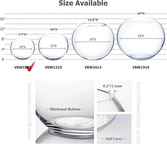 WGV Large Bowl Glass Vase, Diameter 9", Height 8", (Multiple Sizes Choices) Clear Round Bubble Vase Jar, Floral Planter Terrarium for Wedding Event Home Decor, 1 Piece (VBW1008)