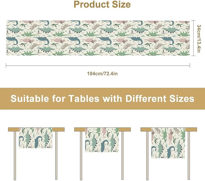 Cartoon Dinosaur Table Runner,Kids Boys Cute Colorful Animal Dino Abstract Print Tablecloth Burlap for Hotel Indoors Outdoor Dining Room Kitchen Holiday Party, 13x90in