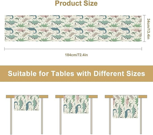 Cartoon Dinosaur Table Runner,Kids Boys Cute Colorful Animal Dino Abstract Print Tablecloth Burlap for Hotel Indoors Outdoor Dining Room Kitchen Holiday Party, 13x90in