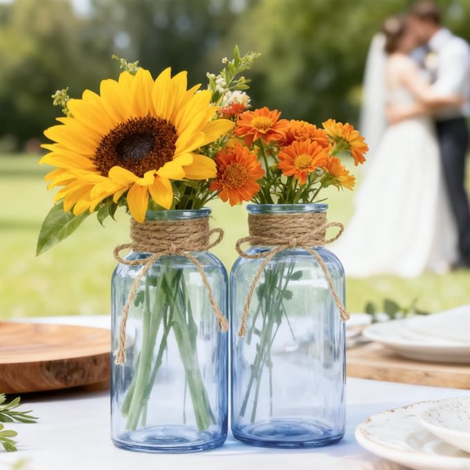 Vintage Glass Flower Vase，12 Pack Blue Farmhouse Glass Centerpiece Vases Mason Jars for Weddings, Parties & Home Decor Bulk (12, Blue)