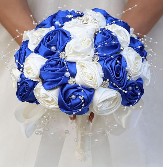 Bridal Wedding Bouquet Round Bling Brooch Bouquet Throw Toss Artificial Rose Flower Bunch for Bride Bridesmaid Wedding Quinceanera(Royal Blue & Ivory, 7.5")