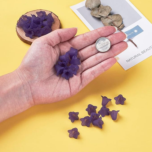 Crafans 50Pcs Frosted Acrylic Flower Beads 17.5x12x1.5mm Transparent Floral Pendants Clear Flower Bead Caps Loose End Spacer Beads for Jewelry Making (Indigo)