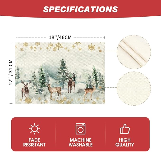 Artoid Mode Watercolor Deer Trees Snowflakes Christmas Placemats Set of 12, 12x18 Inch Seasonal Winter Table Mats for Party Kitchen Dining Decoration