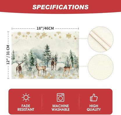 Artoid Mode Watercolor Deer Trees Snowflakes Christmas Placemats Set of 12, 12x18 Inch Seasonal Winter Table Mats for Party Kitchen Dining Decoration