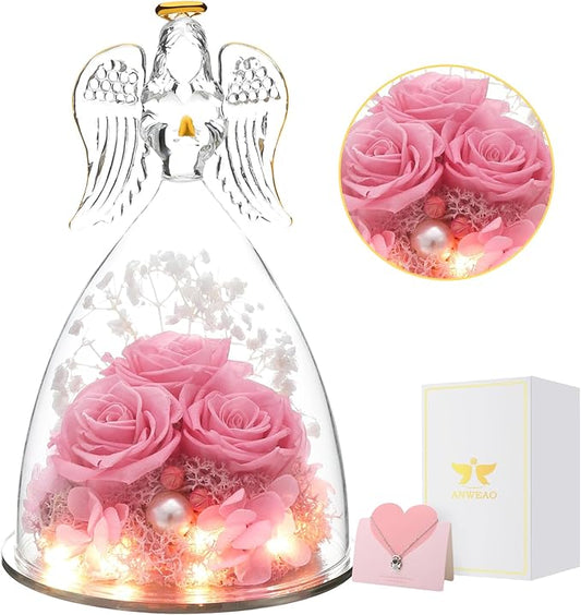Birthday Gifts for Her, Glass Angel Figurine with Three Rose Gifts, Preserved Forever Real Rose Gifts for Women, Angel Guardian with Rose, Gifts for Valentine Mothers Day