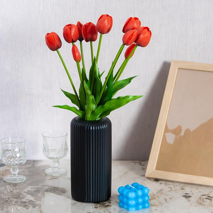 10 Pack Real Touch Tulips Artificial Flowers, 15.7 Inch Bendable Latex Tulips - No Maintenance Faux Flowers for Vase, Home Decor, Wedding Centerpiece (Red)