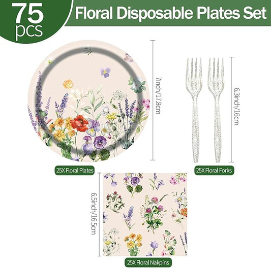 75pcs Floral Disposable Tableware Set, Spring Floral Paper Party Plates Napkins Forks Watercolor Flower Dinnerware Favors for Baby Shower Girls Women Birthday Tea Picnic Serve 25 Guests