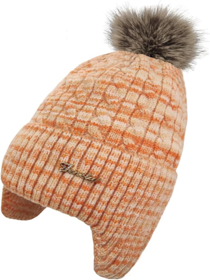 FENELY Women's Knitted Warm Beanie Winter Hat, Warm Chunky Snow Hat with Pompom