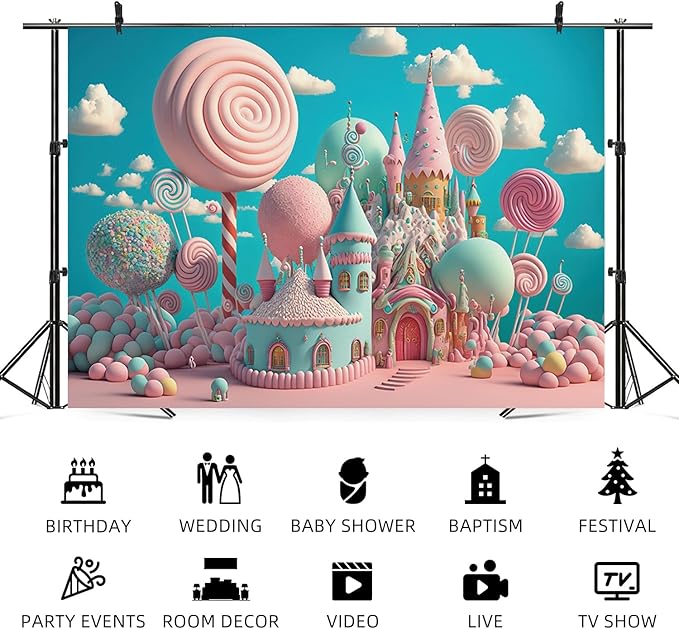 15x8ft Candyland Backdrop Sweet Candy Castle Photography Background Fantasy Lollipop Blue Sky White Cloud Cartoon Kids Birthday Banner Decorations Baby Shower Portrait Photo Booth Prop