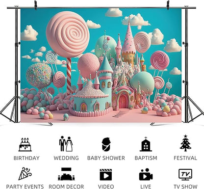 15x8ft Candyland Backdrop Sweet Candy Castle Photography Background Fantasy Lollipop Blue Sky White Cloud Cartoon Kids Birthday Banner Decorations Baby Shower Portrait Photo Booth Prop