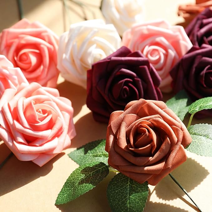 AmyHomie Artificial Flower Shades of Burgundy Rose 25pcs Real Looking Fake Roses w/Stem for DIY Wedding Bouquets Centerpieces Arrangements Party Baby Shower Valentines Day Christmas Tree Decorations